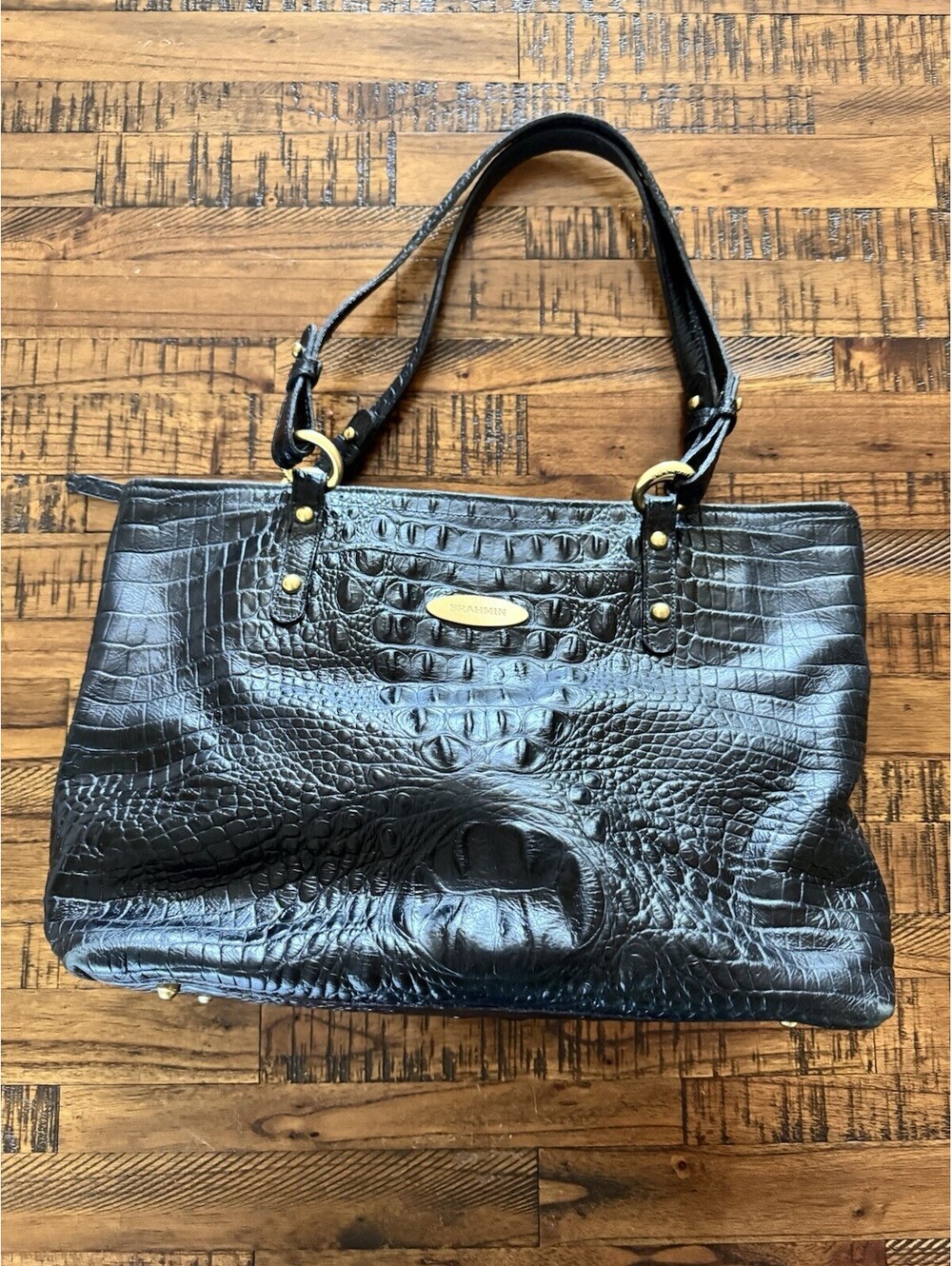Brahmin Black Large Croc Embossed Zip Tote Gold Hardware Dust Bag Pockets